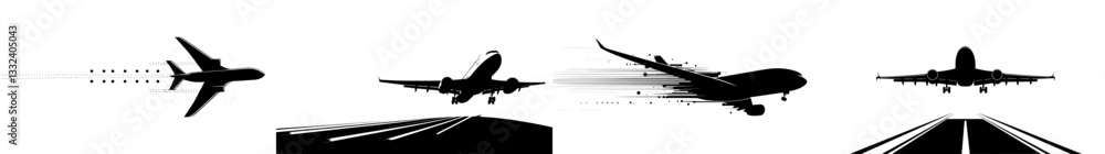 Poster a flat style design featuring an airplane with a dashed line path isolated on a white background, tr