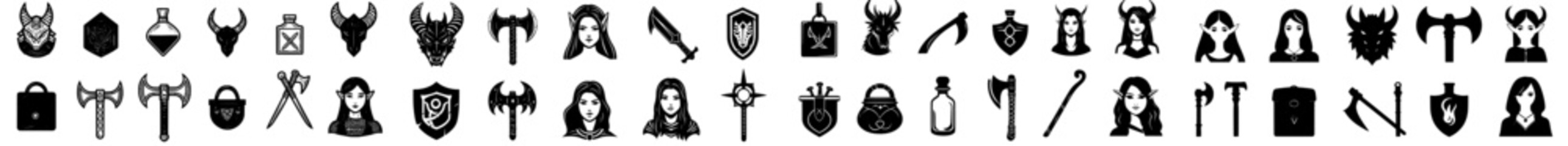 The fantasy RPG icon set features a hand-drawn dark line magic tattoo and a modern fairy tale black sign with an elf character, along with a dungeon dragon sticker print, witchcraft mystic badge, and © Andrei