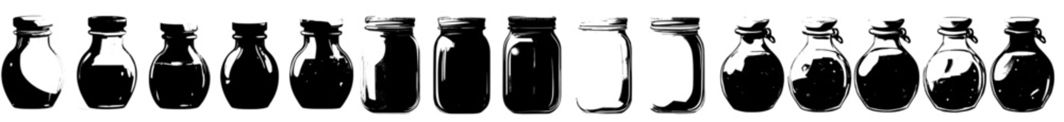 A set of sweet homemade preserves is comprised of glass jars containing fruits such as plums, orange slices, and raspberries, complete with cloth-decorated lids