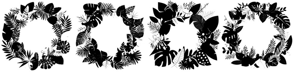 A modern circular frame composed of jungle ivy and tropical rainforest vine leaves, characterized by its liana design