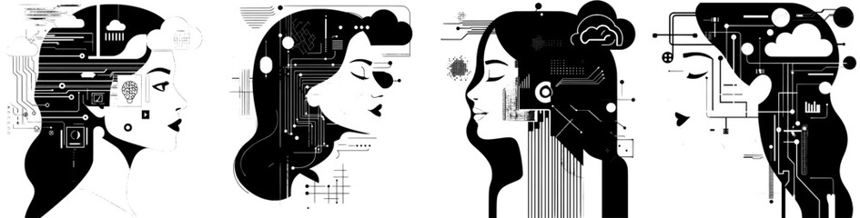 A woman in thought is depicted alongside a digital brain comprised of binary code, a cloud, and layered data circuits, making it perfect for illustrations related to AI, cloud computing, data