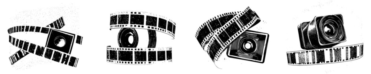 A single frame template from a film strip with an empty slot, featuring a vintage cinema reel and a grunge, grainy texture, presented as a modern retro illustration on a transparent background