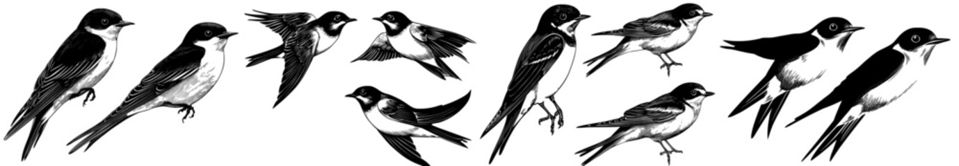 Fototapeta premium Illustrations of birds for decoration, including hand-drawn swallows and modern flying bird designs, are part of wildlife design elements and not stock