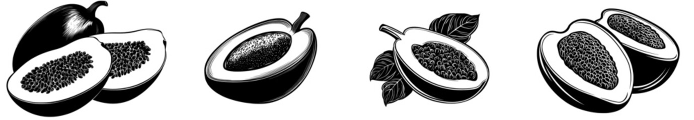 A hand drawn composition of papaya is depicted in monochrome, showcasing juicy slices and seeds, as a modern illustration of exotic food