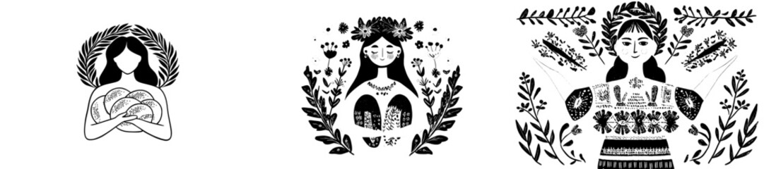 A Ukrainian woman is depicted wearing a wreath and holding a plate of dumplings, symbolizing a modern emblem