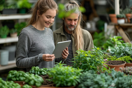 A woman and a man are looking at a tablet in a greenhouse - Powered by Adobe