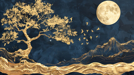 Art mural wallpaper with dark blue background golden tree, mountain, golden waves, golden birds, moon, and clouds