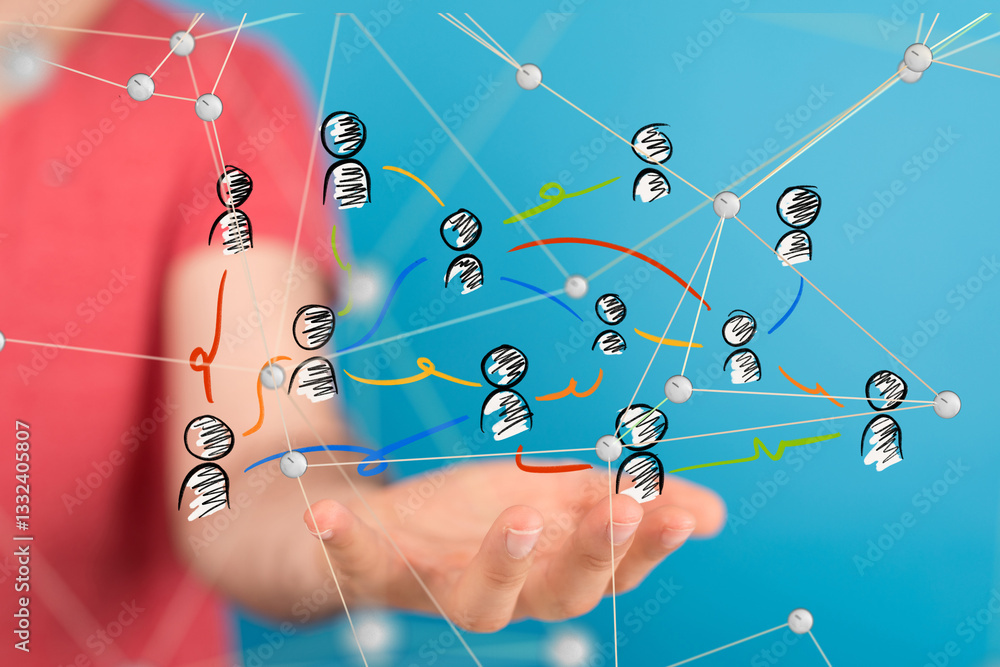 Poster Global network. Blockchain. 3D illustration. Neural networks and artificial intelligence. Abstract