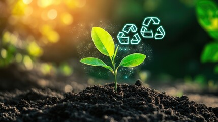 A fresh seedling growing in fertile soil with glowing CO2 icons above, emphasizing the fight against climate change and sustainability