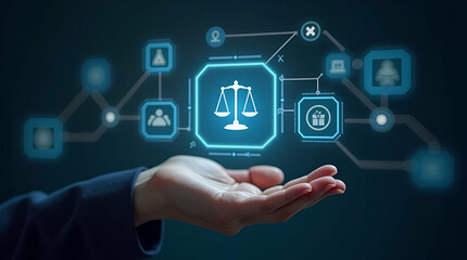 Flat Hand Engaging with Holographic Legal Interface: Online Legal Advice & Business Legislation Symbols
