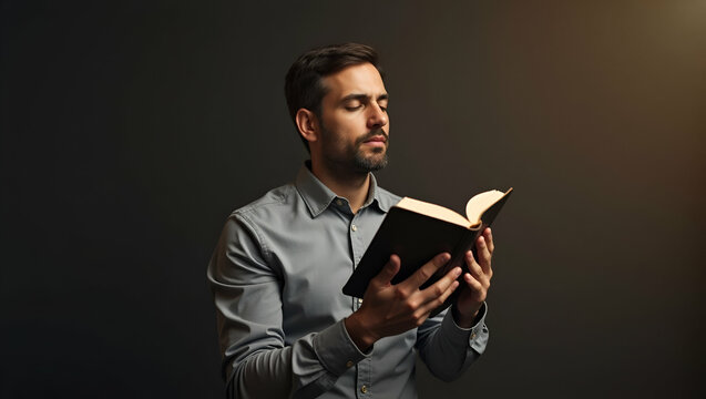 Man Praying for God's Blessings: Seeking a Better Life During Crisis with Bible in Hand - Worship and Hope in Stock Photo with Empty Space for Text