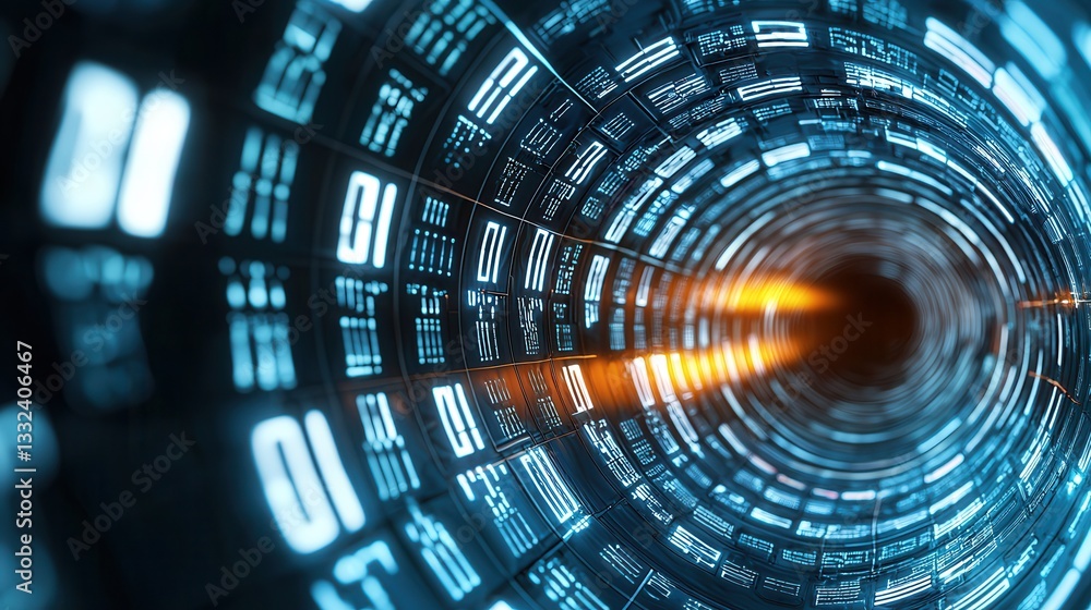 Poster a futuristic digital tunnel with a glowing radiant flow of data and energy creating an abstract sci 