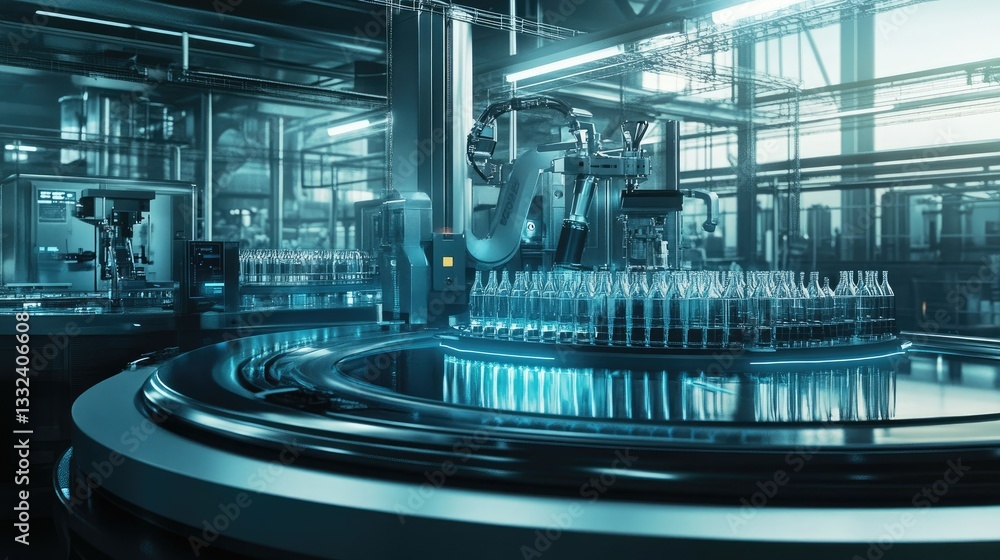 Aufkleber a futuristic bottling plant with automated machines precisely filling bottles with liquid.