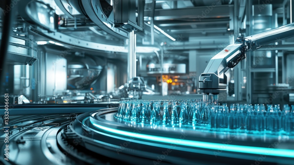Poster a futuristic bottling plant with automated machines precisely filling bottles with liquid.