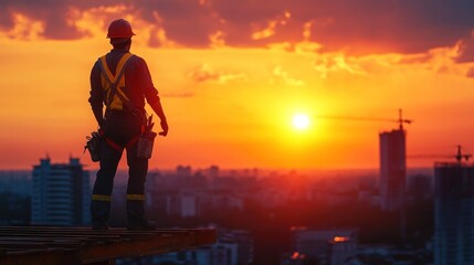 Fototapeta premium Construction Worker at Sunset Over Cityscape