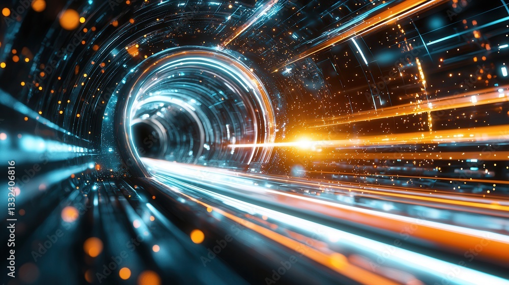Poster a futuristic illuminated cyber tunnel with a dynamic flow of abstract digital data and energy