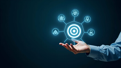 Hand Selecting Holographic Recruitment Device: Target & Group Icons for Talent Acquisition Strategies