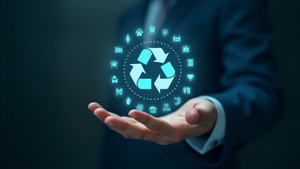 Flat Hand Engaging with Holographic Circular Economy Device: Showcasing Eco-Friendly Icons for Sustainable Business Practices and Environmental Goals in a Cute Vector Illustration