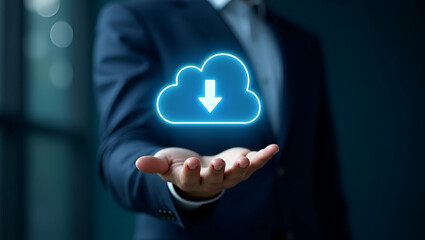 Businessman Demonstrating Virtual Glowing Cloud Computing: Downloading, Uploading, and Transforming Data in Network Applications - Stock Photo Concept with Empty Space for Text