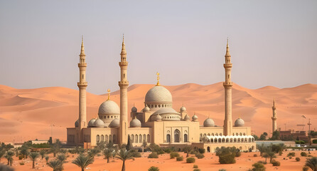 Obraz premium Islamic holy places, soft golden sand dunes, mosques in the middle of the Arabian desert nature background