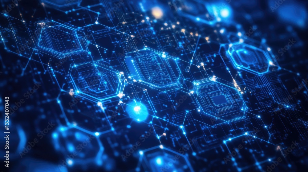 Poster a futuristic digital background featuring interconnected glowing blue hexagons and high-tech circuit