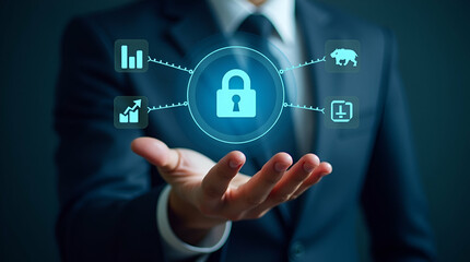 Naklejka premium Hand Holding Holographic Incident Management Device: Visualizing Risk Assessment, Data Analysis, and Problem Resolution Icons for Effective Business Issue Management