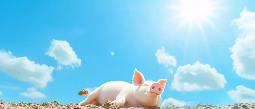 playful 3D cartoon pig is joyfully rolling in mud puddle under bright blue sky with fluffy clouds and shining sun. scene is vibrant and cheerful