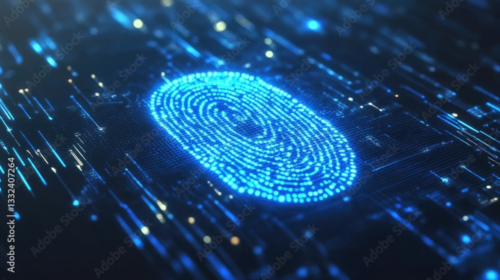 Poster a futuristic digital interface with a fingerprint lock symbol, emphasizing cybersecurity, encryption