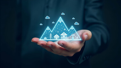 Explore Serene Family Getaways: Flat Hand Navigating Holographic Mountain Cabins Map for Memorable Trips - Cute Vector Illustration for Smart Travel Planning