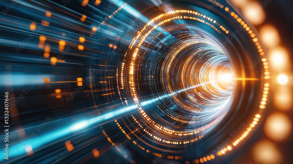 Poster a futuristic and mesmerizing digital tunnel filled with vibrant glowing data points in motion creati