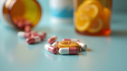 Flat Close-Up of Healthy Pills: A Cute Vector Illustration Showcasing Pharmaceutical Products and Health Supplements in a Medical Context for Smart Business Insights