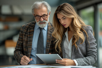 Fototapeta premium A man and a woman are looking at a tablet