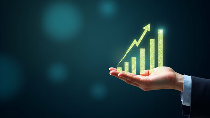 Flat Hand Showcasing Holographic Sustainability Metrics for Profit & Revenue in Business