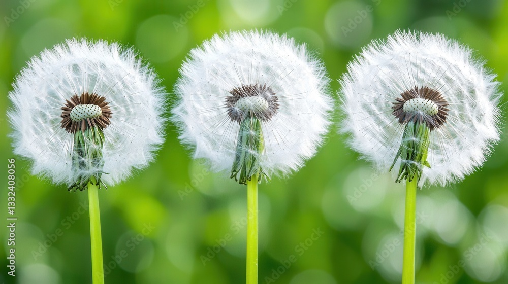 Poster close up view of soft fluffy dandelion seeds gently drifting on the wind in a serene natural setting