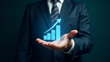 Flat Hand Showcasing Holographic Business Growth Symbol for Revenue Optimization in Minimalist Design