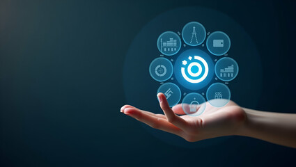 Hand Reviewing Holographic Business Audit Device: Analyzing Compliance Target Data with Icons in Empty Space - Innovative Concept for Business Audit and Compliance Solutions