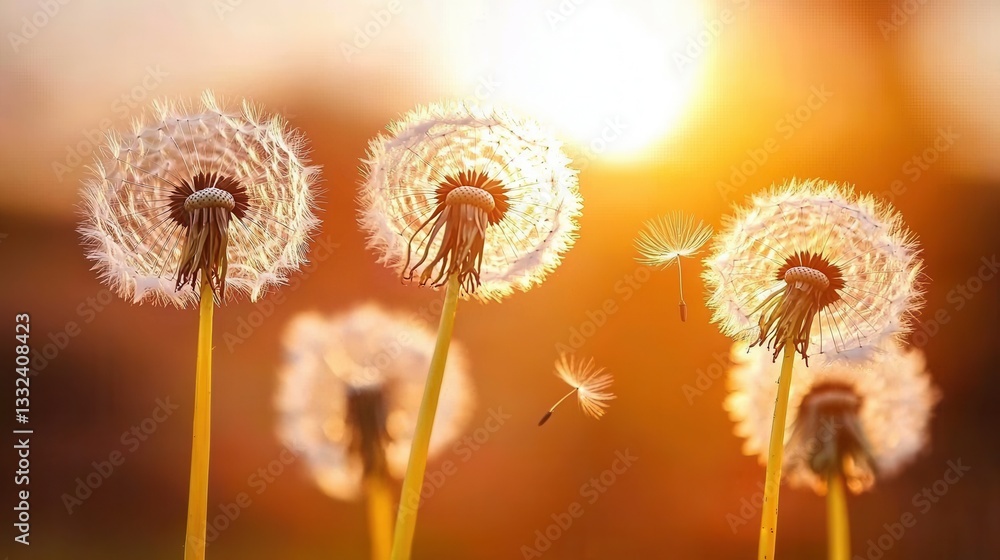Aufkleber delicate dandelion seeds floating and drifting on a soft warm breeze against a glowing hazy sunset b