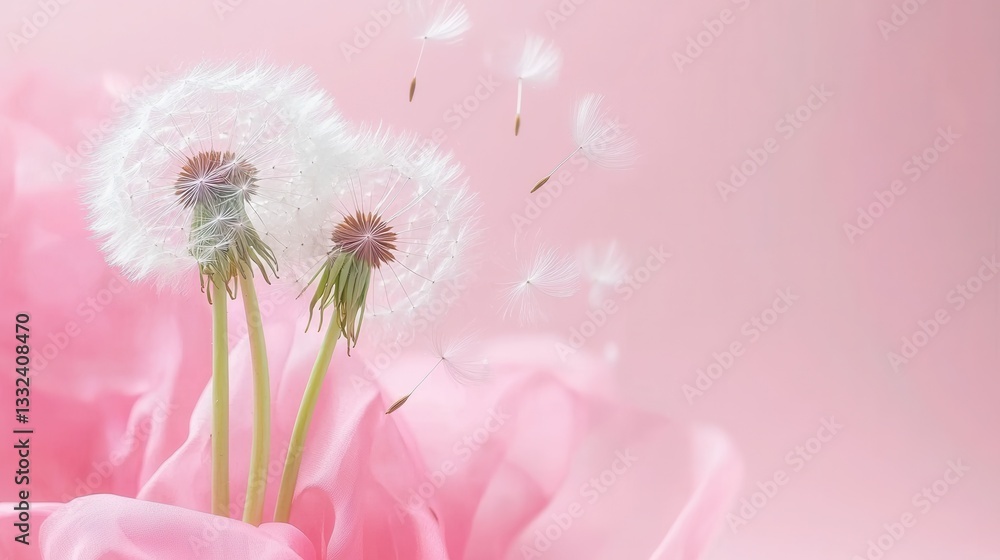 Poster soft fluffy dandelion seeds floating and swirling through the air in a gentle breeze creating a roma