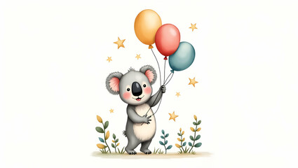 Whimsical Watercolor Koala Holding Balloons Surrounded by Leaves and Stars - Playful and Cheerful Children's Decor Concept with Empty Space for Customization