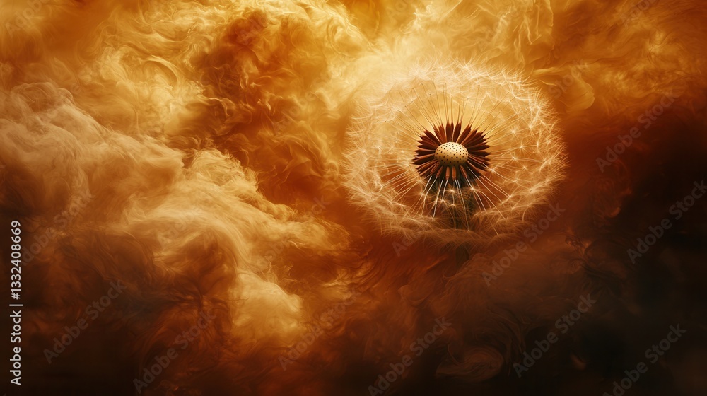 Poster delicate dandelion seeds drifting and dispersing in a warm glowing environment creating a serene and