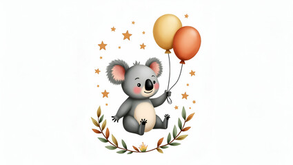 Whimsical Watercolor Illustration of a Koala Holding Balloons Surrounded by Leaves and Stars - Playful and Cheerful Atmosphere Perfect for Children's Decor in Photo Stock with Empty Space on the Left
