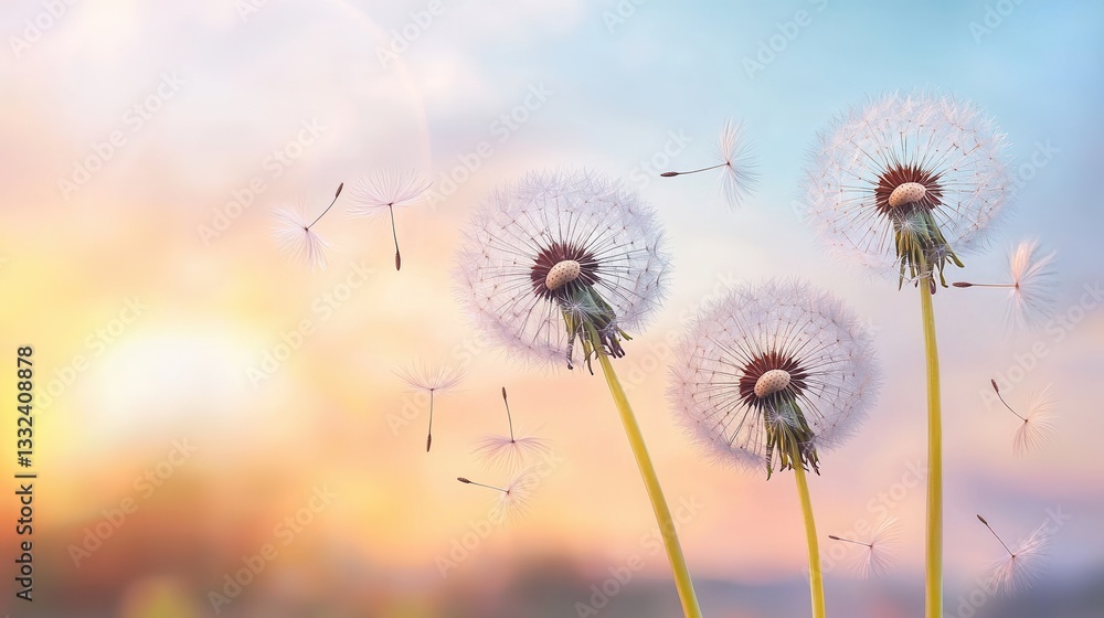 Poster wispy dandelion seeds effortlessly drifting and floating on the calm ethereal breeze against a soft 