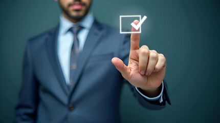 businessman touching tick correct mark checklist progressive loading status remind work task progressive project develop management tracking concept concept as Businessman touching tick mark on checkl