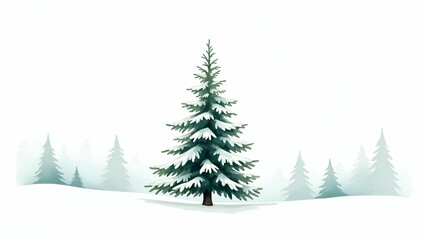 Hand-Drawn Watercolor Clipart of Tall Pine Tree with Snow-Covered Branches on White Background - Perfect Nursery Art Concept with Empty Space for Customization