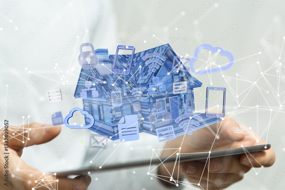 Poster home iot - neural network 3d illustration. big data and cybersecurity