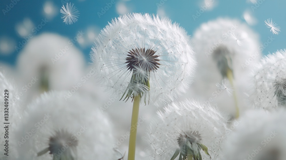Poster soft wispy dandelion seeds floating and dispersing through a serene tranquil breeze against a blurre