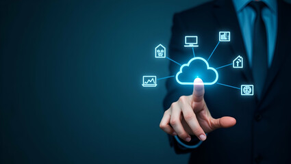 Flat Hand Typing on Holographic SaaS Interface: Showcasing Cloud Computing Software Platforms Icons in a Minimalist Vector Illustration for Smart Business Solutions