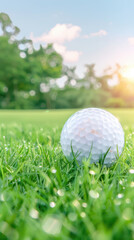 Obraz premium Close up of golf ball resting on dewy grass under morning sunlight on a lush green golf course