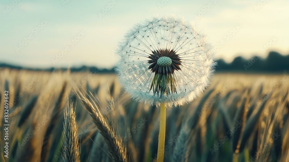 Poster a tranquil scene of delicate dandelion seeds drifting across a vast golden field creating a serene a