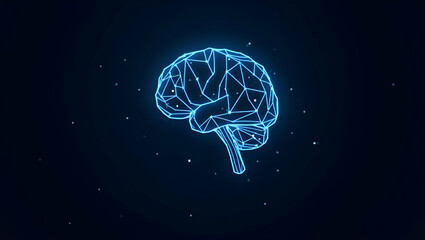 Low Poly Brain Symbolizing Wisdom: Abstract Vector Image with Wireframe Blue Design on Dark Background